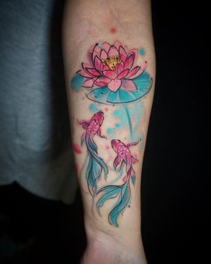 Beautiful watercolor design combining a fish and flower motif, by artist Aygul