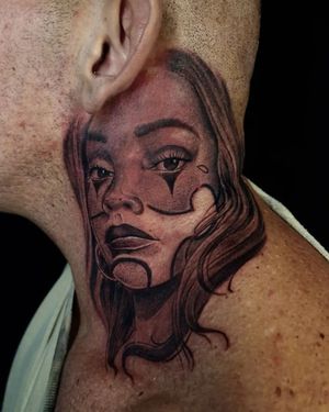 Capture the beauty of women with this stunning black and gray portrait tattoo on your neck. Expertly done by artist Mauro Imperatori.