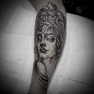 Beautiful black and gray dotwork tattoo of a snake intertwined with Medusa and female figure. By artist Lamat.