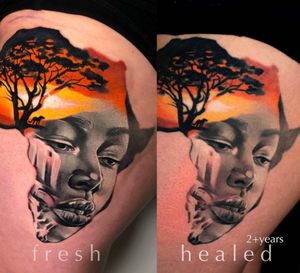 Get a stunning tattoo featuring a sun, tree, and woman on your upper leg. Done by Cloto.tattoos in a realistic and illustrative style.