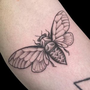Elegant black and gray butterfly tattoo by Letitia Mortimer, delicately designed on the arm.