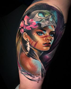 Stunning design featuring a flower, skull, feather, girl, and earrings by Cloto.tattoos. Perfect blend of realism and illustrative style.