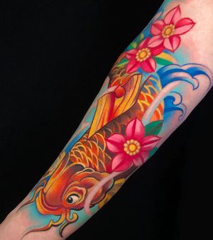 Get a stunning illustrative tattoo by Cloto.tattoos featuring a beautiful koi fish, waves, and a delicate flower on your forearm.