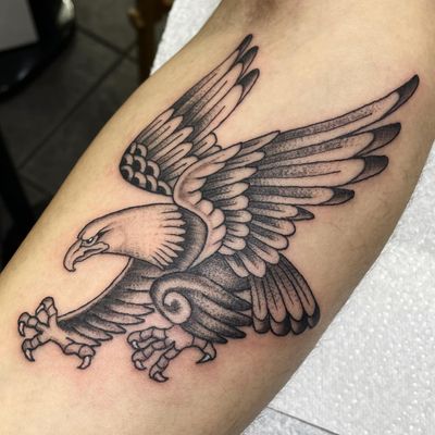 Imposing eagle design by Letitia Mortimer. A classic choice for a bold forearm statement. 