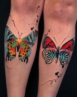 Get a stunning illustrative butterfly tattoo on your shin by Cloto.tattoos for a unique and beautiful look.
