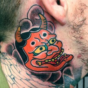 Illustrative hannya tattoo by Kiko Lopes, beautifully crafted on the neck for a bold statement.
