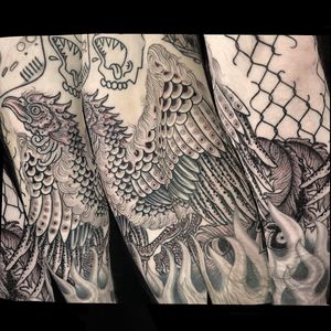 Elegant black and gray fine line design of a Phoenix with detailed wings on forearm by talented artist Matthew Ono.