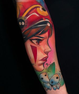 Vibrant lower arm tattoo featuring a beautiful anime girl surrounded by colorful watercolor flowers, by Cloto.tattoos.