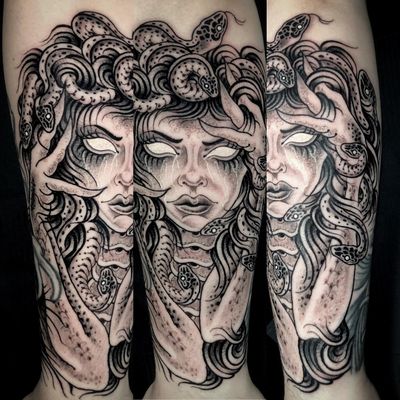 Get a striking black and gray tattoo of Medusa with snakes, expertly done by tattoo artist Matthew Ono.