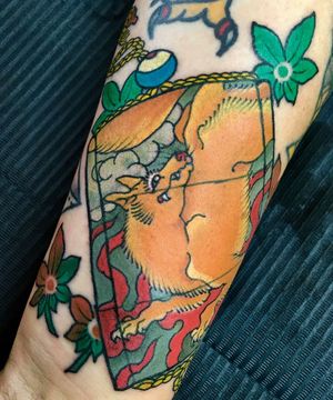 Stunning illustrative design by Kiko Lopes featuring a fox, flower, and leaf motif on the forearm.
