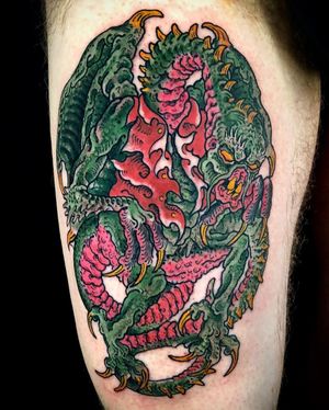 Vibrant new school design featuring a dragon and gargoile by Matthew Ono, perfect for the upper leg placement.