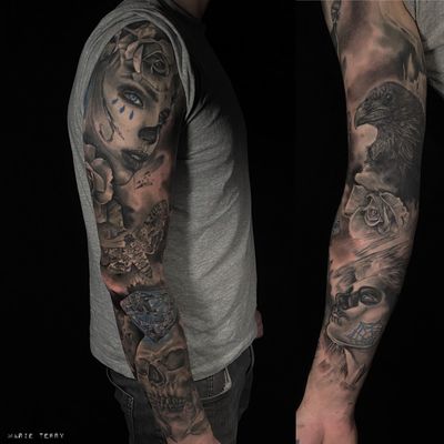 Detailed black and gray sleeve tattoo featuring a realistic skull and woman, beautifully executed by artist Marie Terry.