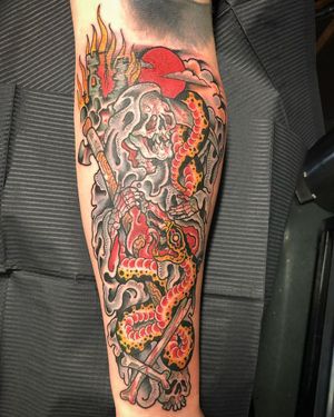 Vibrant new school tattoo design featuring a snake and grim reaper, expertly done by tattoo artist Matthew Ono.