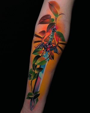 Get a stunning anime-style tattoo on your forearm featuring a sword and leaf design, created by Cloto.tattoos with illustrative and watercolor elements.