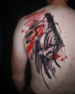 Impressive Japanese back tattoo featuring a samurai with a sword, done in sketchwork style by Aygul.