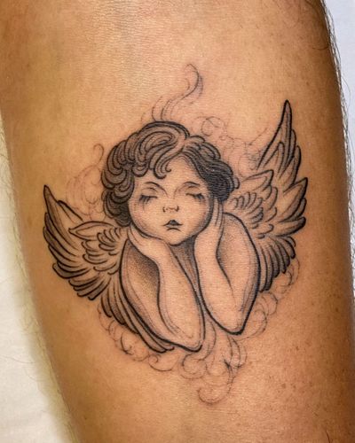 Discover the beauty of fine line art with this stunning angel tattoo by Edyta. Perfect for a meaningful and sophisticated look.