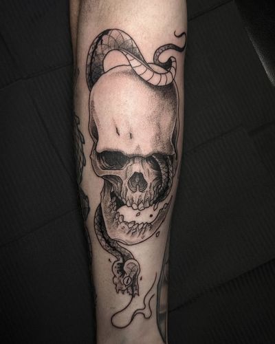 Beautiful black and gray tattoo featuring a snake and skull motif, expertly done by tattoo artist Luca Salzano.