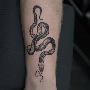 Intricate snake design with striking tongue detail by Luca Salzano, perfect for the forearm.