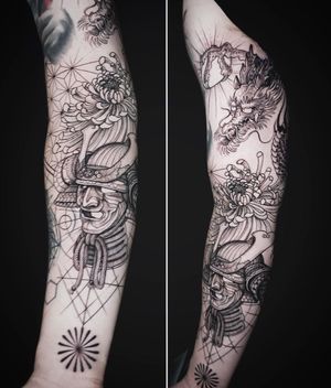 A striking blackwork tattoo featuring a dragon, flower, and samurai in a geometric and sketchwork style on a sleeve. Created by the talented artist Aygul.