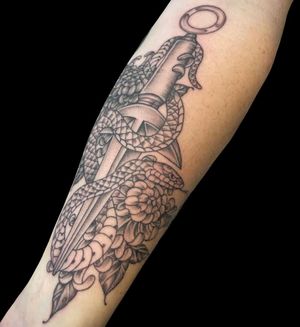 Unique black and gray design by Letitia Mortimer featuring a deadly snake wrapped around a menacing dagger.