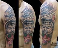 Embrace peace and beauty with this illustrative tattoo on your upper arm, featuring a buddha surrounded by sakura flowers and a traditional house.