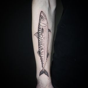 Detailed black and gray fish design by Aygul, perfect for showcasing micro realism on the shin.