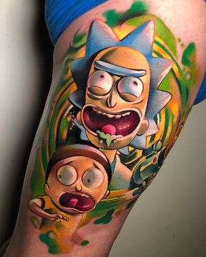 Get a cool and illustrative anime tattoo of Rick and Morty by Cloto.tattoos on your upper arm. Stand out with this unique design!