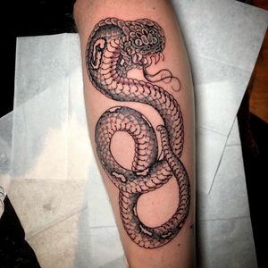 Mesmerizing black and gray snake tattoo with intense eyes on forearm, by Matthew Ono.