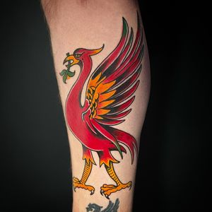 Vibrant and colorful new school style phoenix bird tattoo on lower leg by artist Fernando Joergensen. Embrace rebirth and transformation with this stunning piece.
