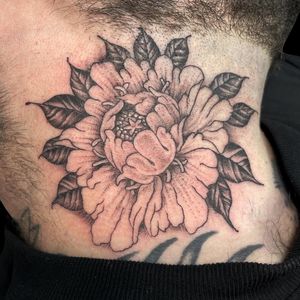 Beautiful black and gray tattoo by Letitia Mortimer, combining delicate flowers and leaves in dotwork style on the neck.