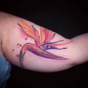 A stunning watercolor tattoo of a flower, expertly crafted by Aygul, perfect for your upper arm.