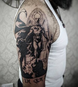 Bold anime style Batman tattoo on upper arm by tattoo artist Luca Salzano. Bring your favorite superhero to life with this unique piece!