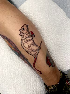 Unique illustrative lower leg tattoo by Miss Vampira featuring a rat reaching for a carrot design.