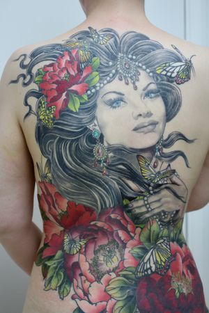 Lady Face Backpiece with Peonies and Butterflies