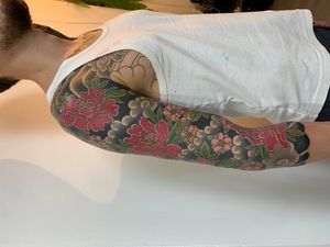 Traditional Japanese sleeve with peonies and cherry blossoms 