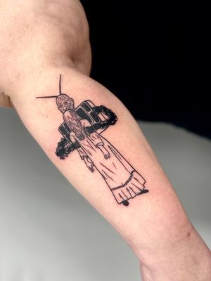 This blackwork illustrative tattoo features iconic characters from Freddy Krueger and Poltergeist series, with a creepy girl image, all expertly done by Miss Vampira.