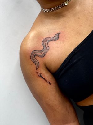 Unique blackwork tattoo of a matchstick, beautifully executed by Miss Vampira. Perfect for those who appreciate fine line work and illustrative style.