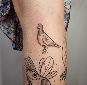 Beautiful black and gray tattoo of a pigeon on the lower leg, created by the talented artist Jonathan Glick.
