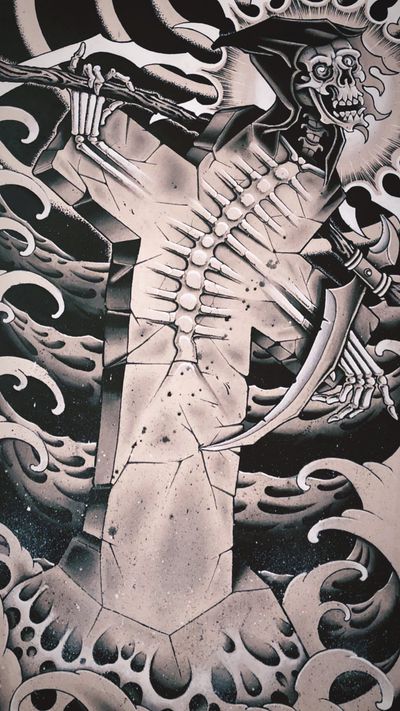 Reaper of Ages who’s sack tapped himself… 🍒 backpiece concept, available to get tattooed! #blackandgreypainting #rockofages #rockofagespainting #spitshading #spitshaded #fingerwave #fingerwaves #reaper #grimreaper #cross #crosstattoo 