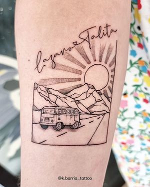 Fine line, small lettering forearm tattoo featuring a serene mountain landscape and a bus, by tattoo artist Katia Barria.