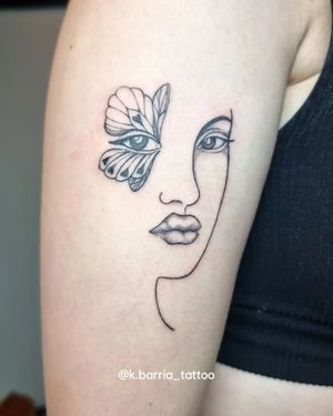 Exquisite upper arm tattoo by Katia Barria featuring a delicate butterfly and graceful woman design.