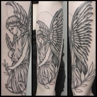 #statue #statuetattoo #angel #angeltattoo #finelinetattoo #wingstattoo #leavestattoo #naturetattoo #blackworks