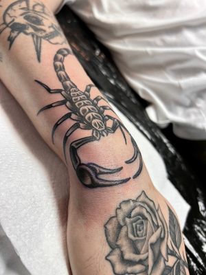 Get inked with a fierce scorpion design by talented artist Adam Ruff. Stand out with this bold traditional style tattoo!