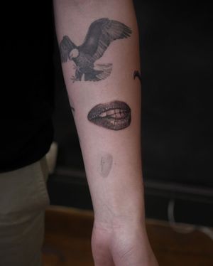 Get a stunning black and gray lips tattoo on your forearm by the talented artist Alexander Rufio