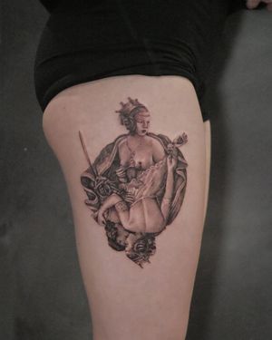 Experience the artistry of Alexander Rufio with this stunning black and gray tattoo featuring a sword and a woman on the upper leg.