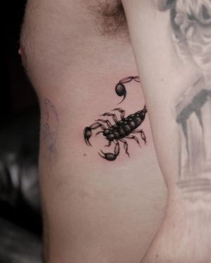 Experience the fierce beauty of a black and gray scorpion tattoo delicately inked by the talented artist Alexander Rufio on your ribs.