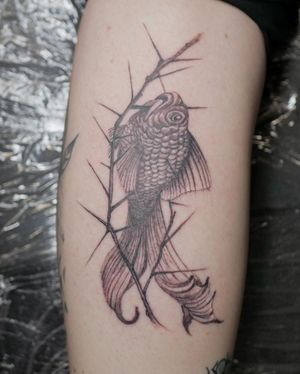 Discover the beauty of this black and gray fish tattoo by Alexander Rufio. Perfect for those seeking a classic and elegant design.