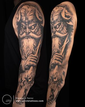Full sleeve Posedin tattoo done by Maverick Fernz at Circle Tattoo India