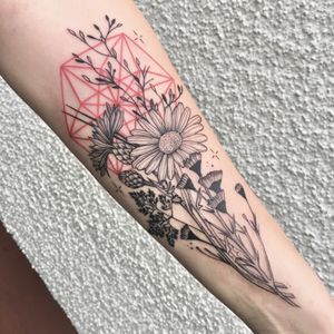 Black and red flower geometry fineline arm tattoo
