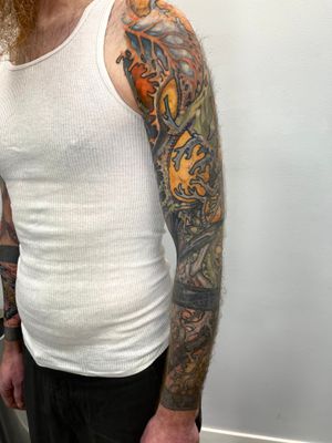 Unique illustrative pattern tattoo on sleeve by artist Gifford Kasen, showcasing intricate design work.